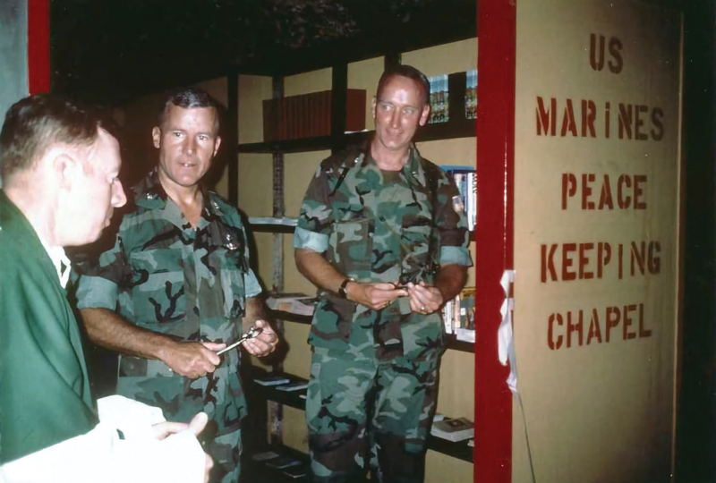 LtCol Larry Gerlach right, BLT 1/8 Commanding Officer, Col Tim Geraghty center, 24th MAU Commanding Officer, and CDR George Pucciarelli, left, 24th MAU Chaplain, perform a ribbon cutting at the opening of a new chapel for U.S. servicemembers at Beirut International Airport. Courtesy of Larry Gerlach.